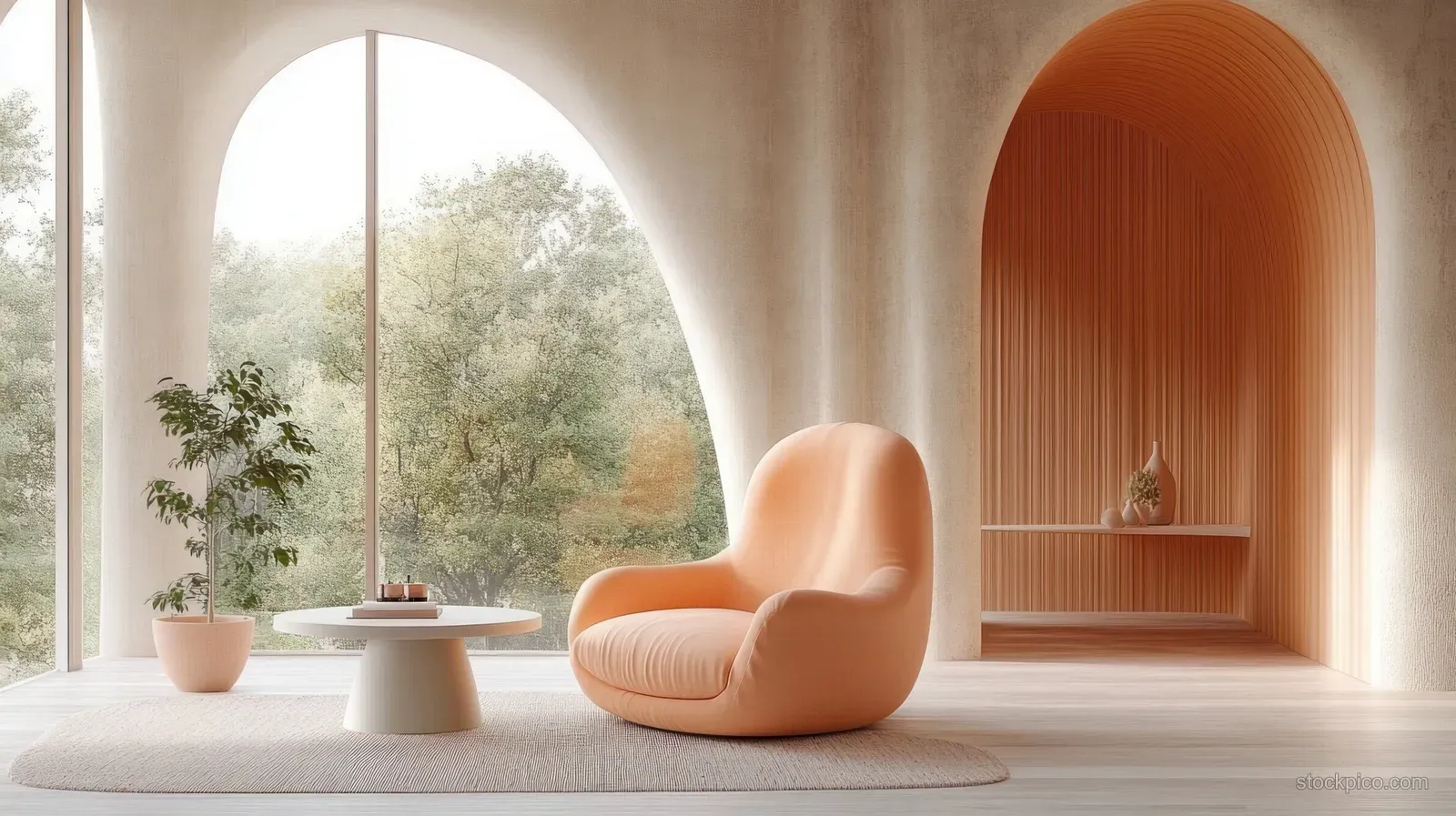 Peach armchair and round table in a minimalist living room with soft daylight through arched windows.