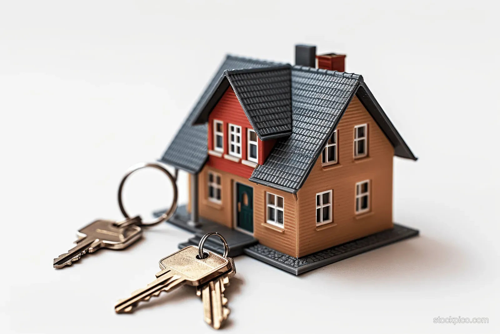 House model on a white background with metal keys beside it, indicating mortgage ownership and real estate finance.