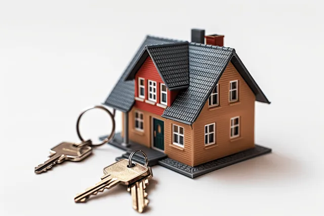 House model with keys on white background, symbolizing mortgage ownership and finance