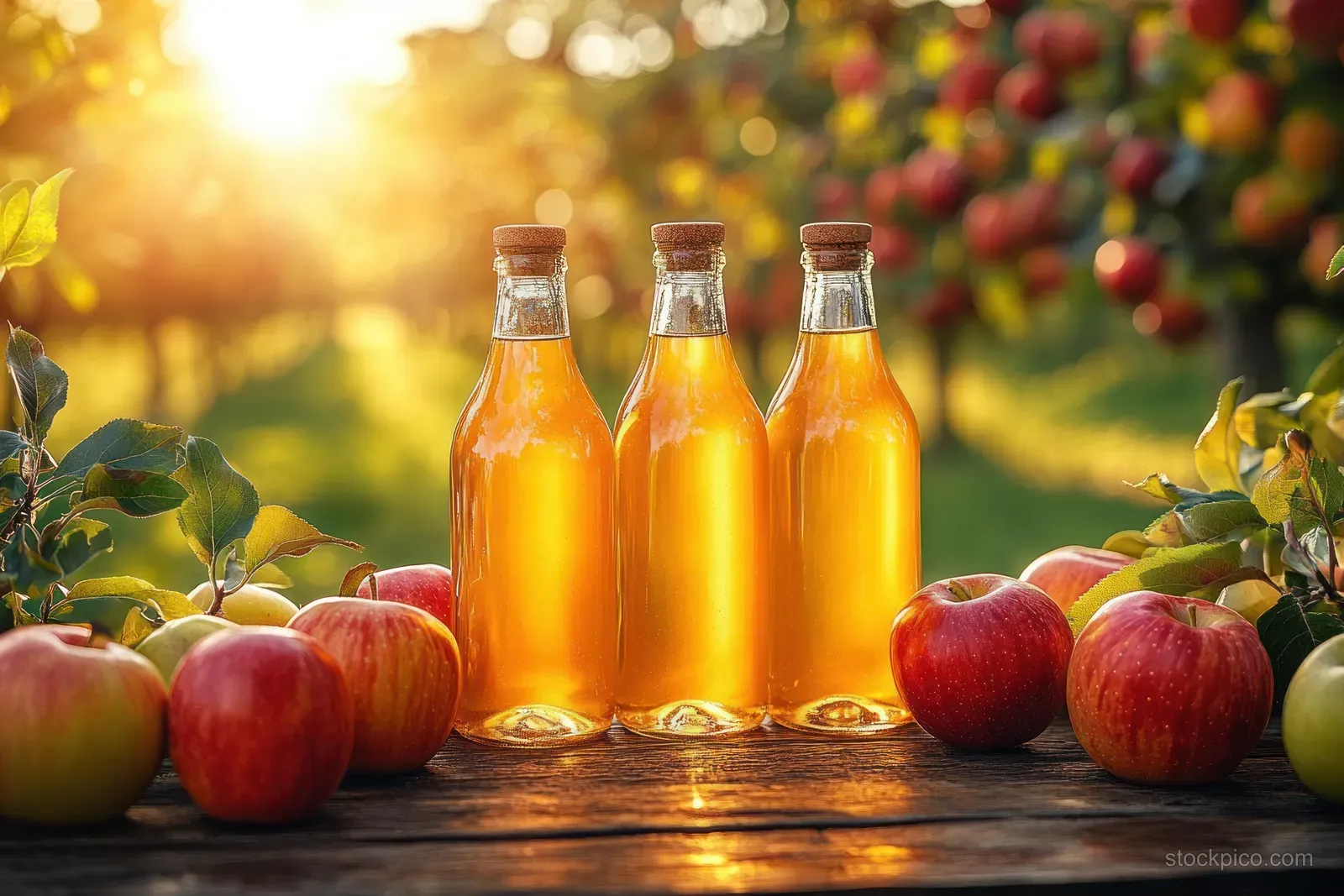 Three bottles of golden apple cider on a wooden table with red and green apples at a warm orchard sunset.