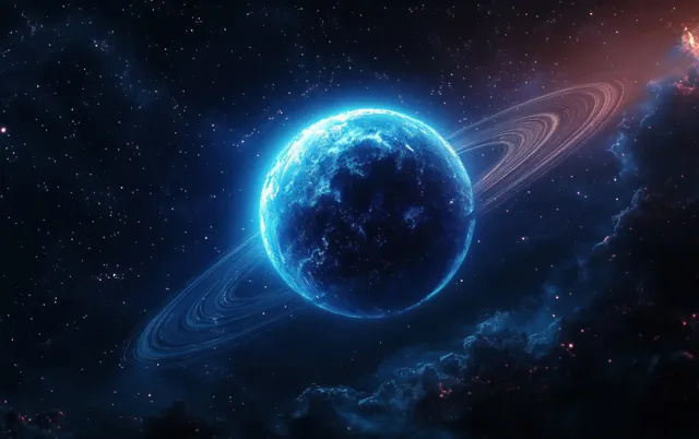 A glowing blue ringed planet hangs in deep space with swirling dust lanes and distant stars.