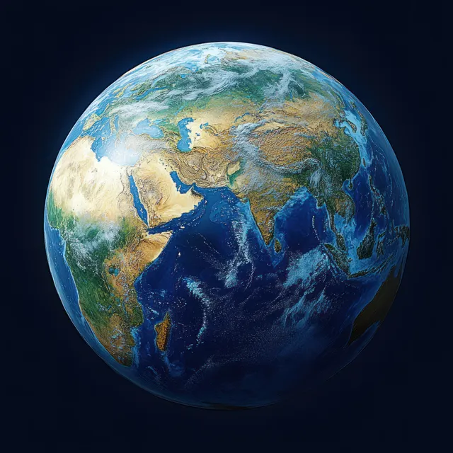 A floating 3D Earth globe shows continents and deep blue ocean with a dark background and subtle rim light.