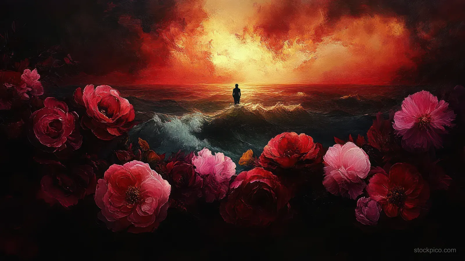 A lone silhouette stands on churning ocean waves framed by large red and pink flowers beneath a fiery sunset sky.