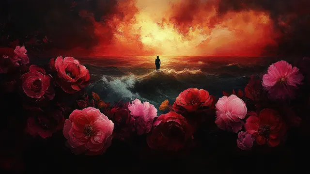 Silhouetted figure stands on turbulent ocean waves beneath fiery sunset clouds