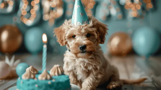 A golden doodle puppy in a blue party hat sits next to a birthday cake with lit candles and pastel balloons behind it.