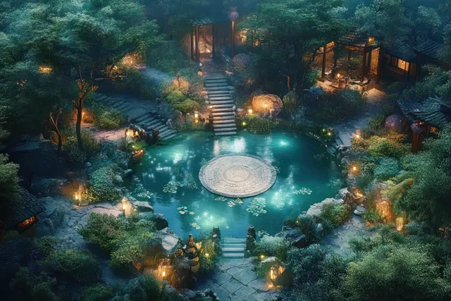 A moonlit garden courtyard with lantern-lit stone steps and a pond reflecting teal light among lush plants.