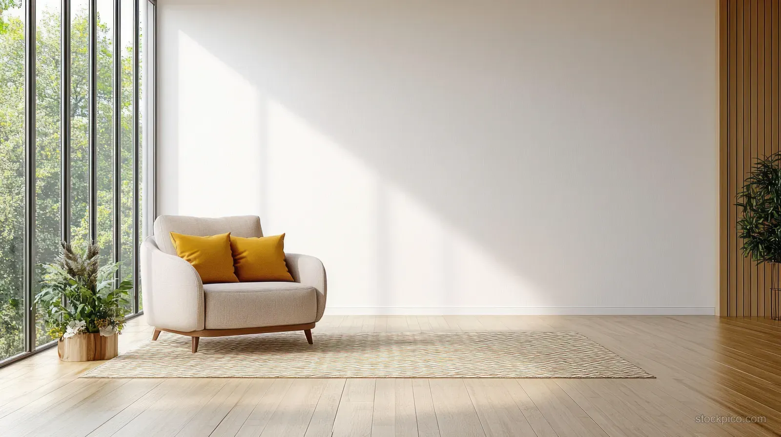 Beige armchair with yellow pillows beside a blank wall, illuminated by sunlight onto a warm wood floor.
