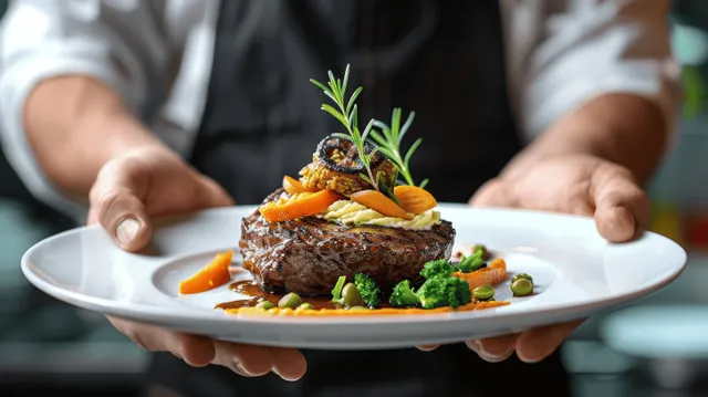 Chef Presenting Grilled Steak Plate with Greens and Orange Garnishes