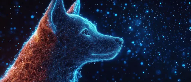 Neon wireframe dog profile glowing with blue and orange particles on a dark digital background.