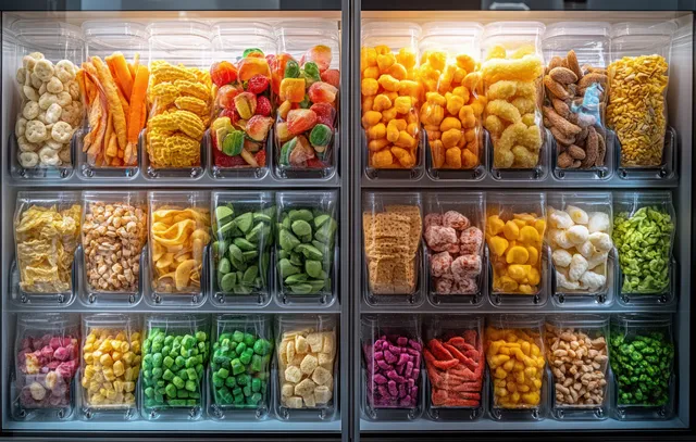 Front view of a vending machine with clear glass shelves displaying colorful chips, candy, and snacks.