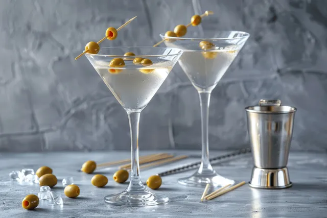 Two martini glasses on a marble bar with scattered olives and a metal jigger in the background.