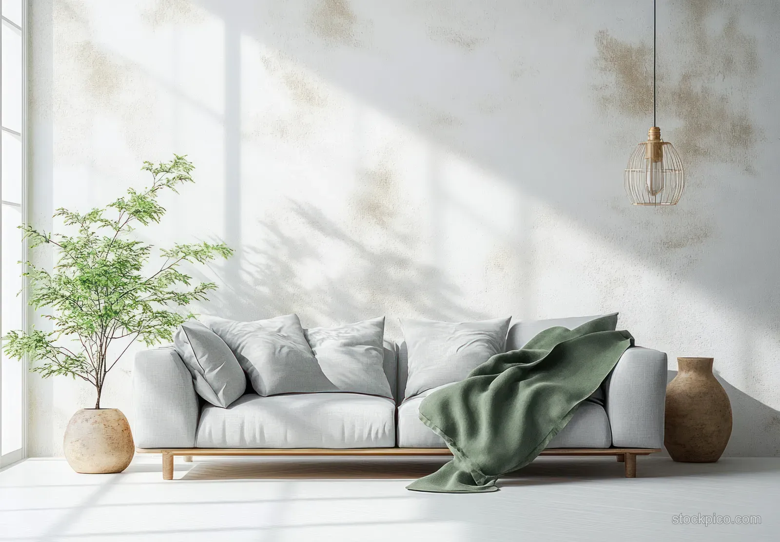 Light gray sofa with a green throw sits against a white wall while window light forms soft shadows.