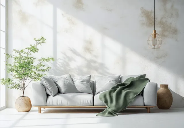 Light gray sofa with a green throw sits against a white wall while window light forms soft shadows.