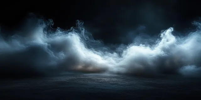 Fog drifts over a dark concrete floor while blue and purple spotlight beams glow through the haze.