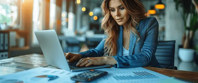 Businesswoman types on a laptop at a desk while a calculator and budget papers lie beside her in an office.