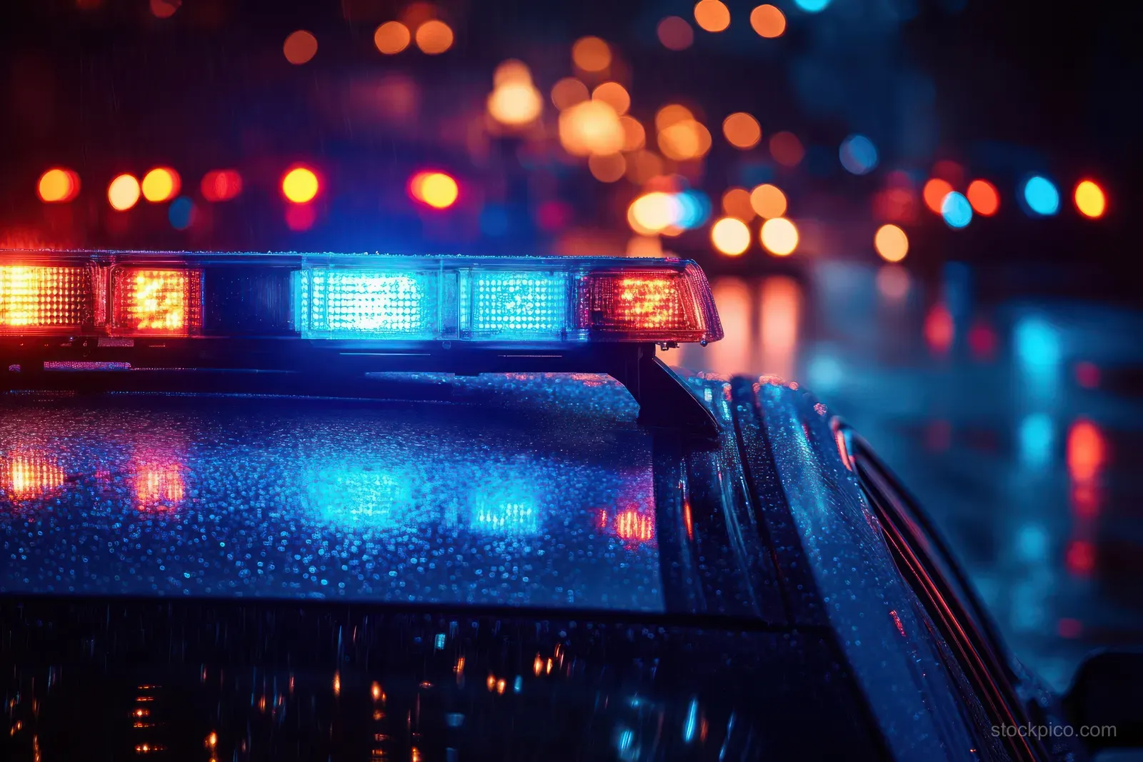 Police car roof flashing red and blue emergency lights over wet rainy street with blurred city traffic lights.