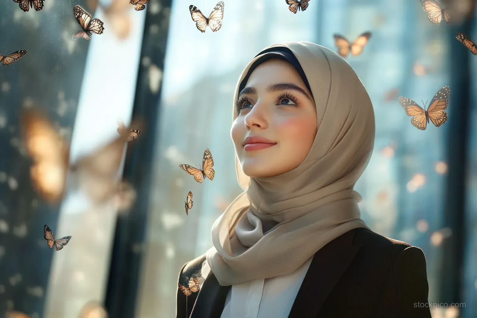 Young woman in a beige hijab gazes upward as butterflies flutter around her in a softly lit indoor room.