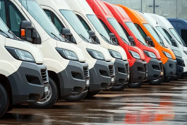 Row of colorful delivery vans lined up on wet pavement, side view and headlights visible