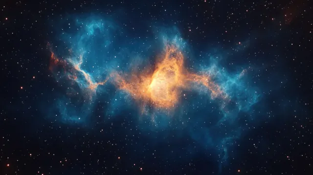 Vibrant blue and orange nebula glow across a dark star field with scattered stardust.