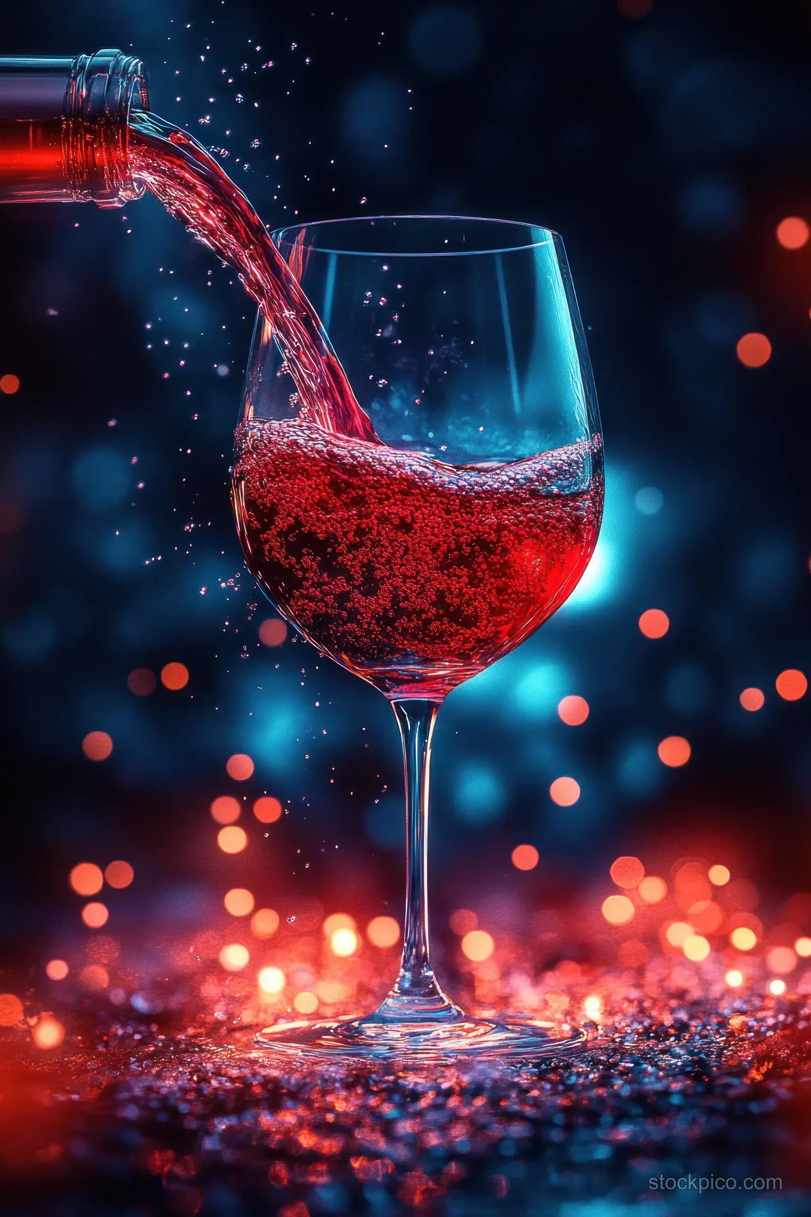 Red wine pours into a stemmed glass while glowing bokeh lights shimmer in the dark background.