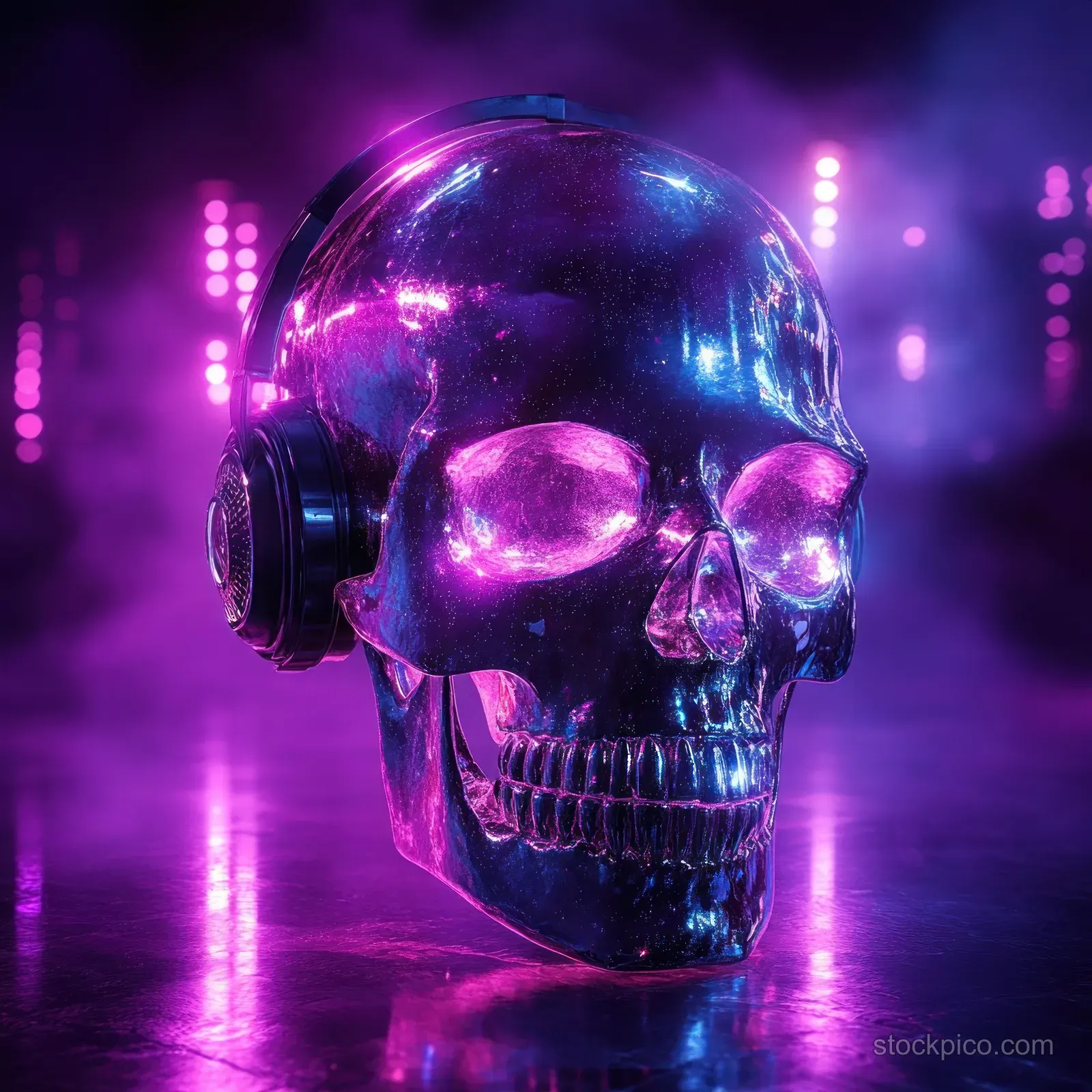 Futuristic cyberpunk skull with headphones under neon purple and magenta lights in smoky disco atmosphere.