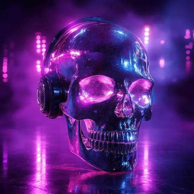 Futuristic cyberpunk skull with headphones under neon purple and magenta lights in smoky disco atmosphere.