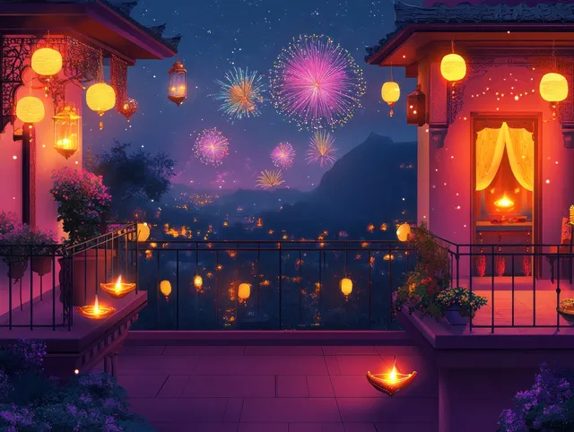 Diwali lanterns glow across balcony railings as fireworks burst above a warm-lit courtyard at night.