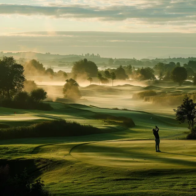 Golfer silhouetted on Irish golf course at sunrise with misty fairway and rolling hills