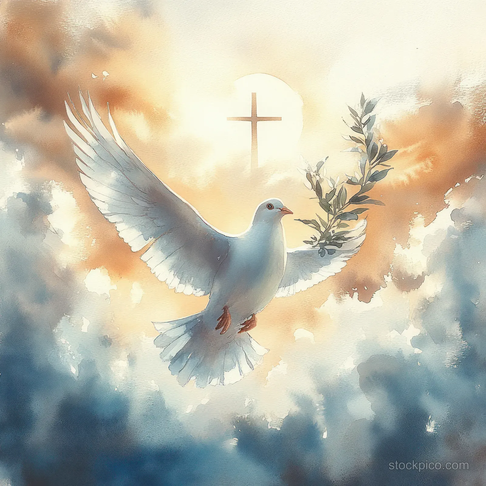 A watercolor white dove carrying an olive branch flies toward a glowing cross in a sunlit cloud sky.