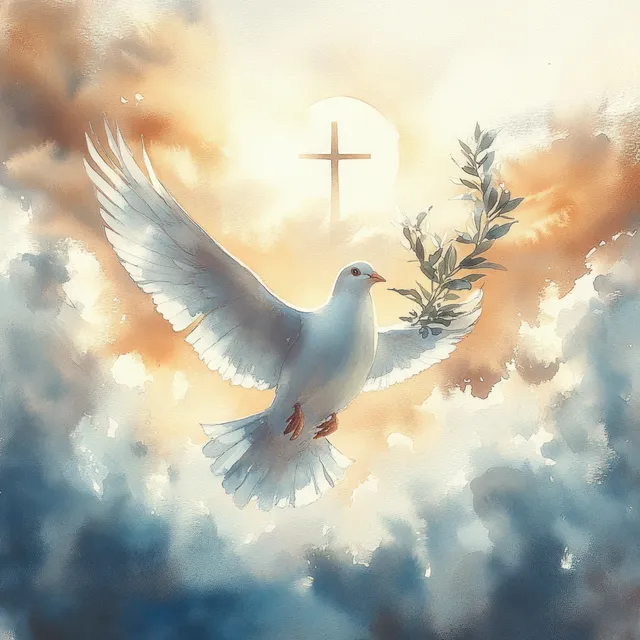 A watercolor white dove carrying an olive branch flies toward a glowing cross in a sunlit cloud sky.