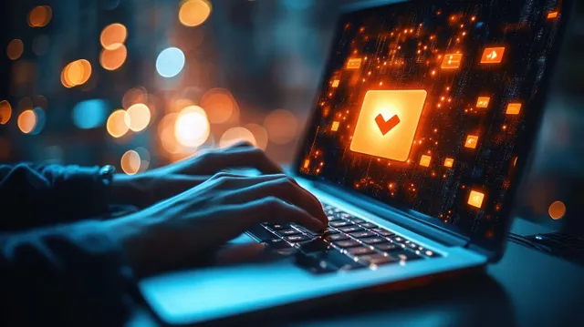 A businessman’s hands type on a laptop showing a glowing cloud download and security icons.