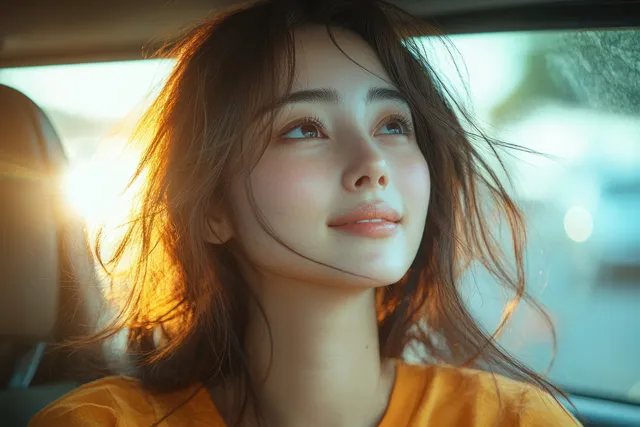 Smiling woman driving at golden hour, sunlit interior, vibrant shirt visible