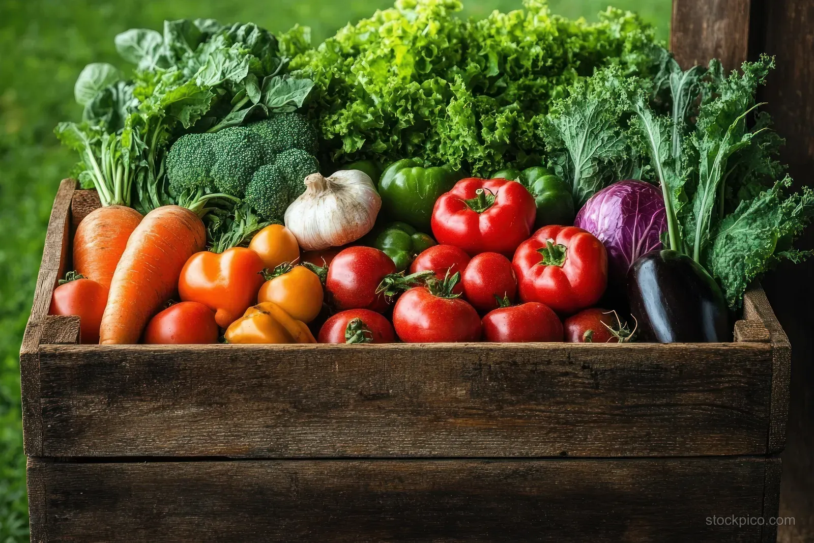 Wooden crate of freshly harvested carrots, tomatoes, cabbage, peppers, and leafy greens under soft natural sunlight.