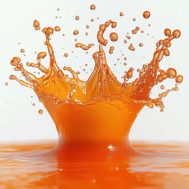 Orange liquid splash crowns upward with droplets scattering outward on a glossy reflective surface.