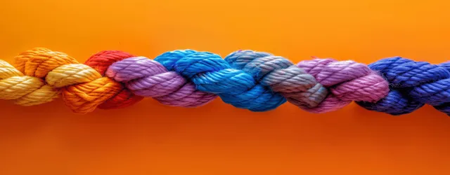Braided multicolored rope knot and intertwined strands across a solid orange background.