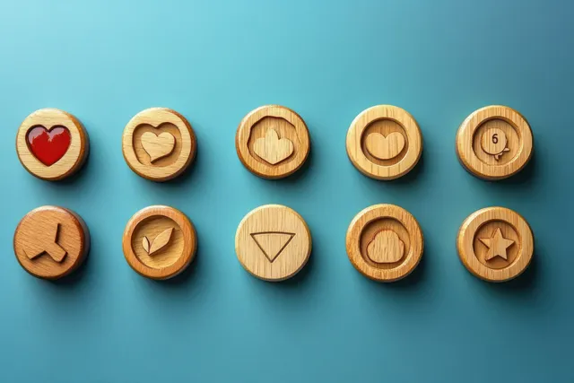 Wooden cubes with heart, hand, target, and arrow icons arranged on a blue background.