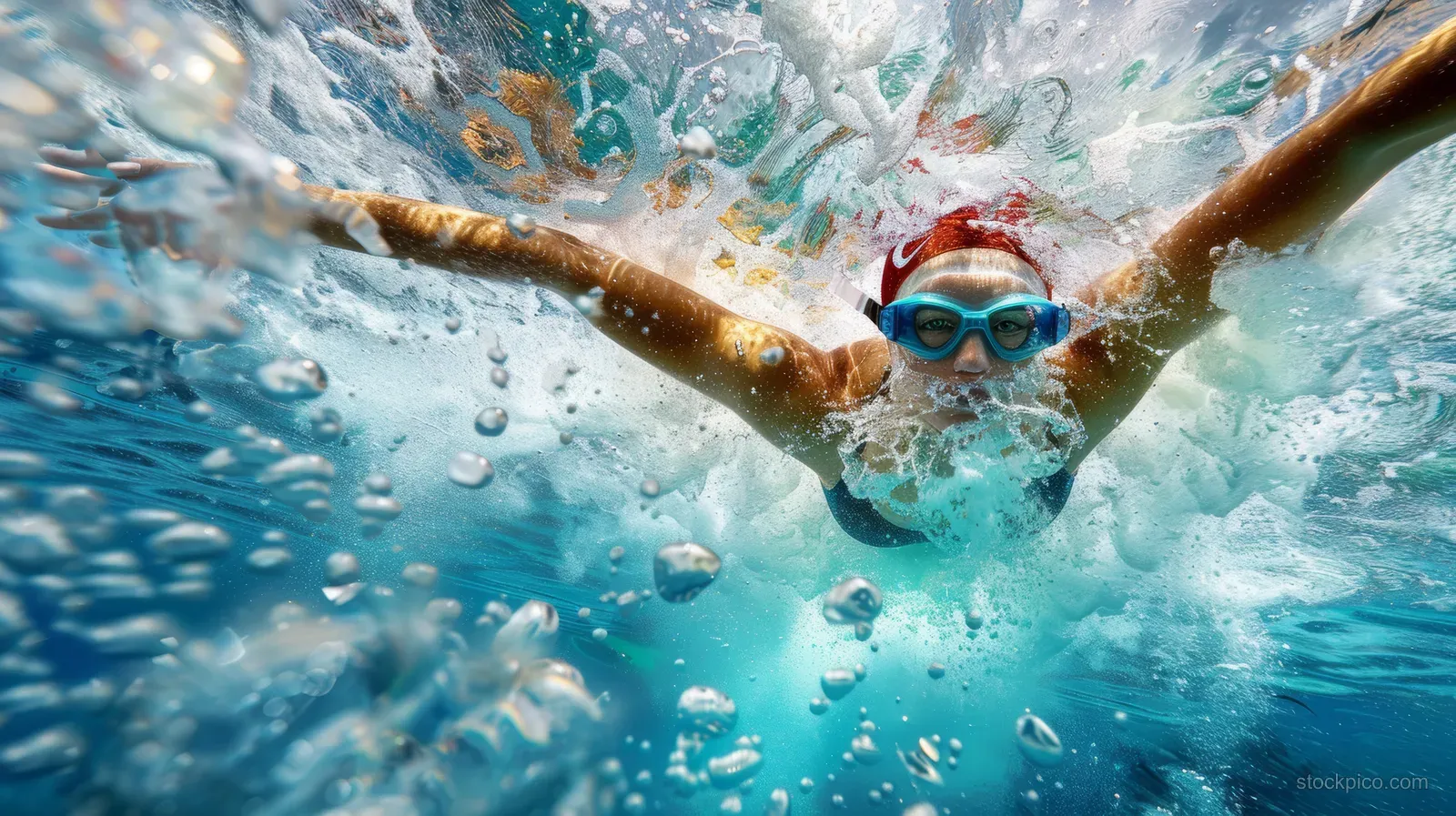 An Australian female swimmer dives underwater with arms out, surrounded by bubbles and splash in a pool.
