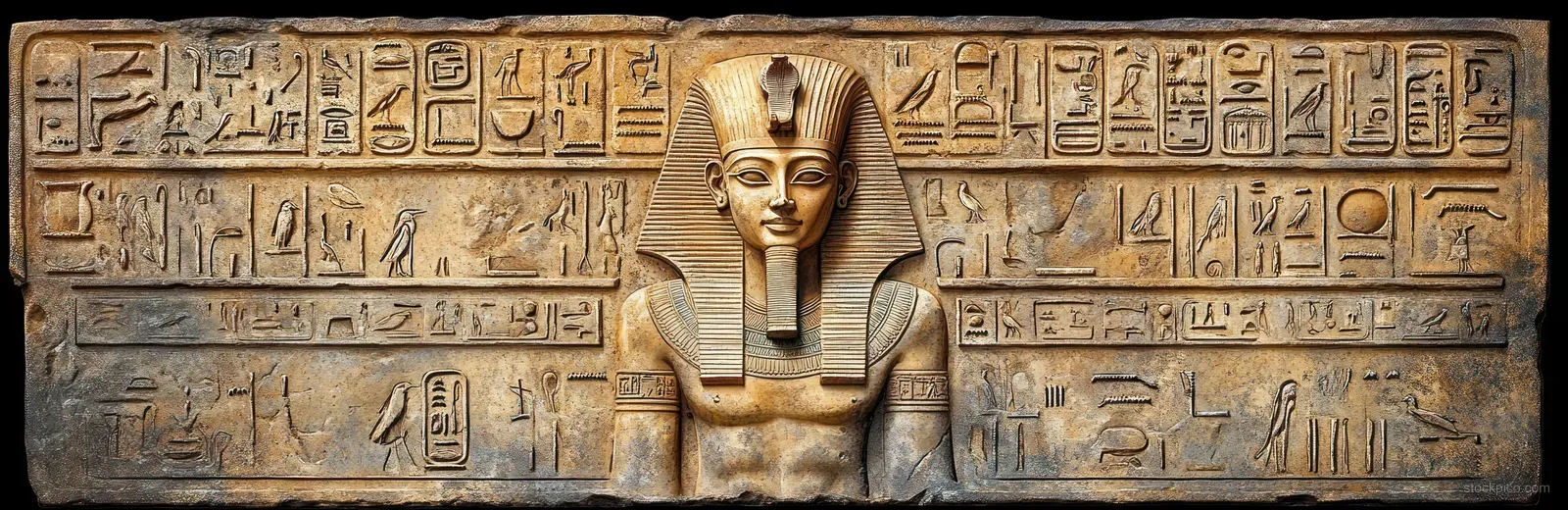 Ancient Egyptian hieroglyphs and a pharaoh figure are carved into weathered stone, symbolizing history and spirituality.