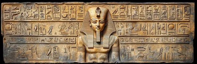 Ancient Egyptian hieroglyphs and a pharaoh figure are carved into weathered stone, symbolizing history and spirituality.