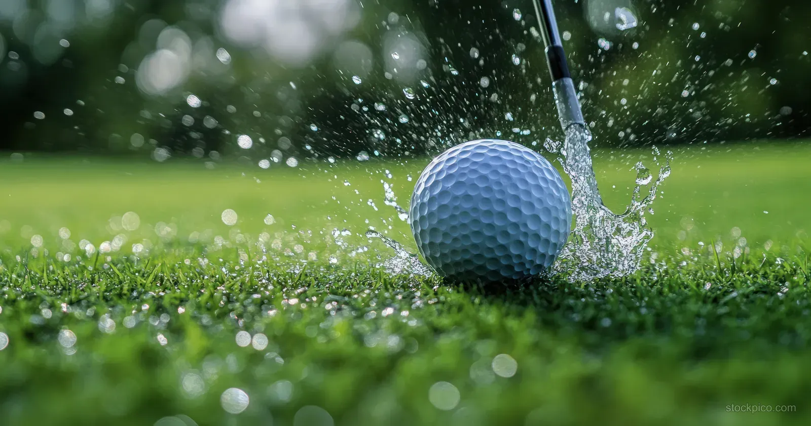 A golf ball mid-impact on wet grass with water droplets splashing while a club follows through.