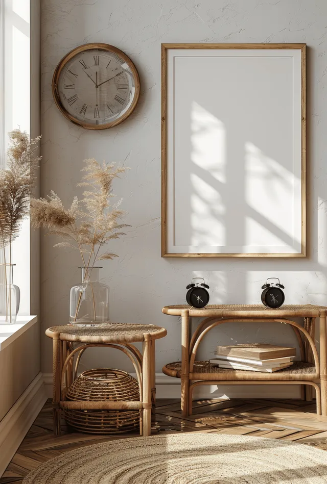 Nordic room corner showing a rattan side table with a black alarm clock and a blank framed wall display in sunlight.