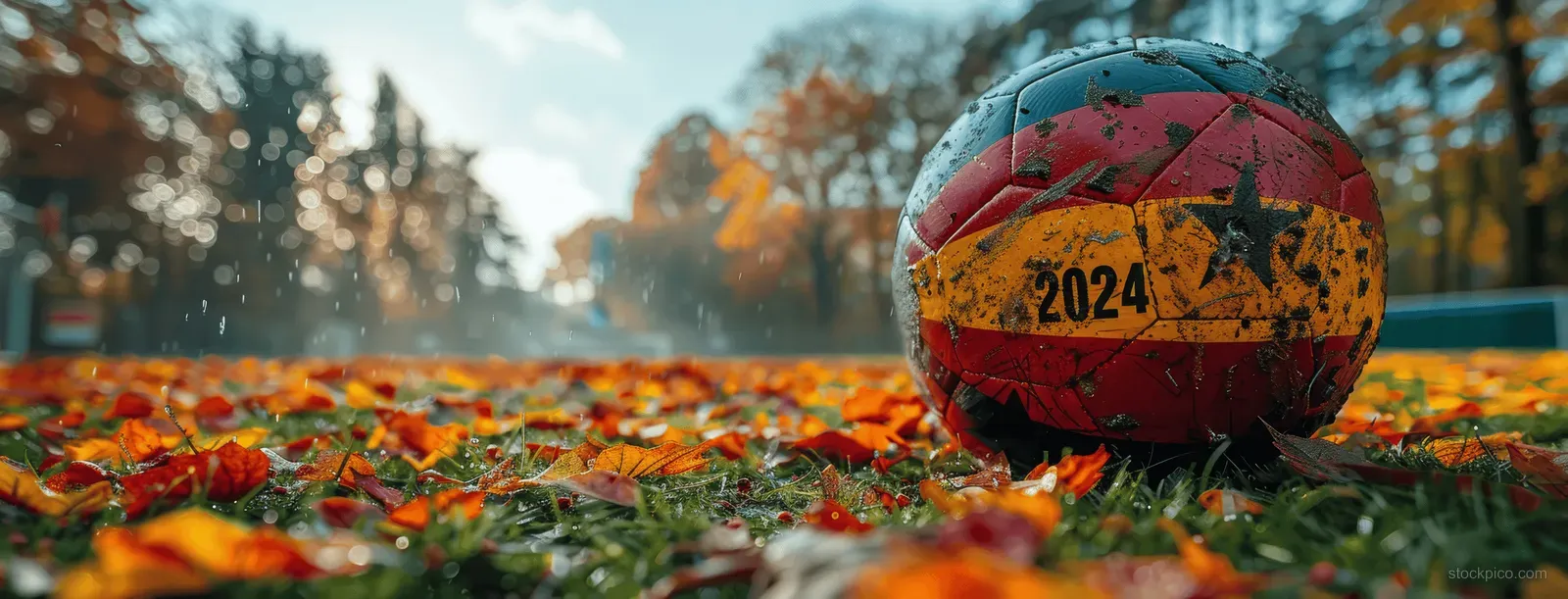 A Euro 2024 Germany flag soccer ball sits on green grass with blurred stadium field lights behind it.