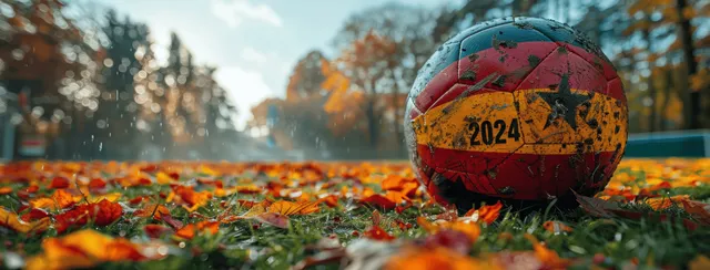 A Euro 2024 Germany flag soccer ball sits on green grass with blurred stadium field lights behind it.