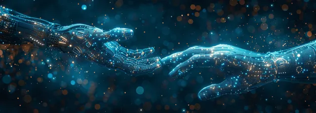 Human and robot hands touch glowing AI data network in immersive virtual reality