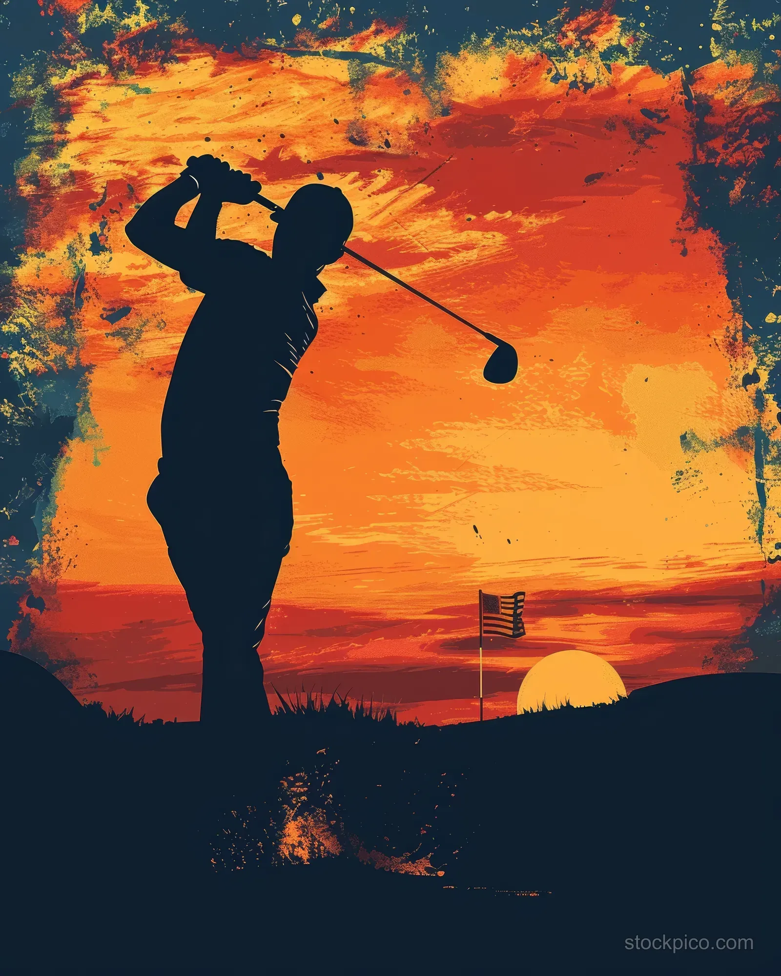 Silhouetted golfer completes a swing on a golf course against a blazing orange sunset sky.