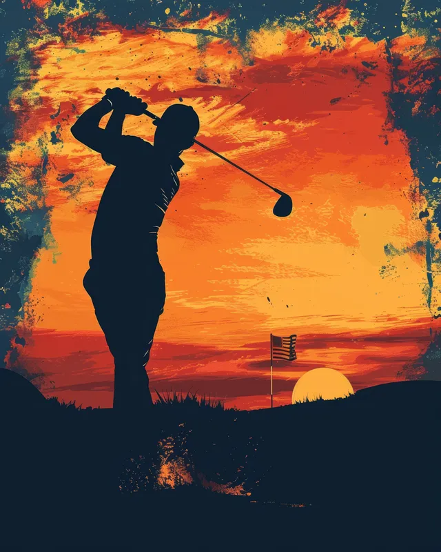 Golfer silhouette swinging at sunset, dramatic orange sky with flag-like accent
