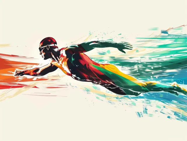 Illustrated male swimmer in sprinting posture with Hungarian flag colors streaking behind in a pool.