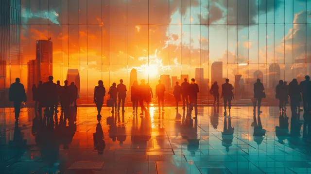 Silhouetted business team in a meeting room with double exposure city lights and window reflections.