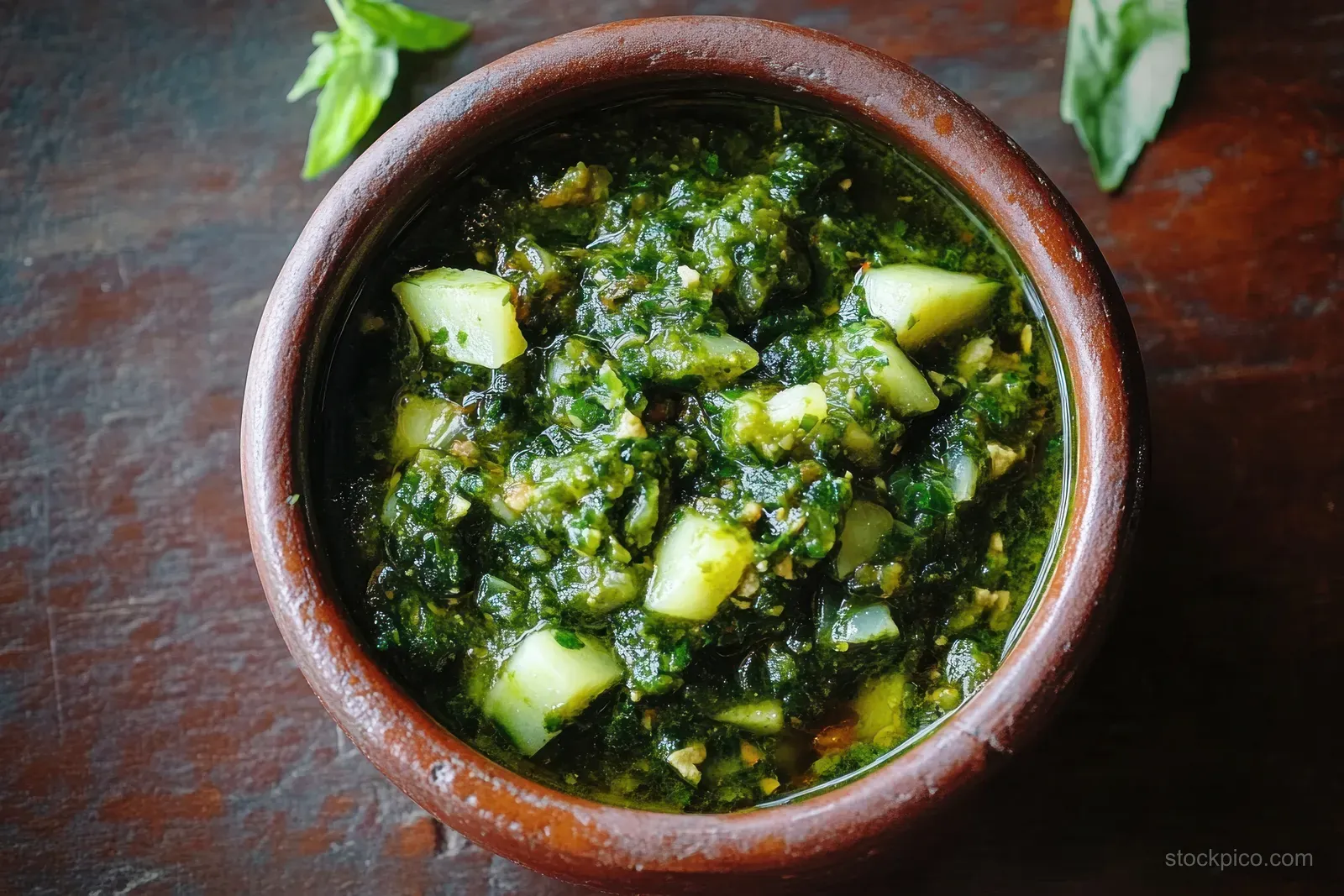 A clay bowl of thick Indonesian green chili sambal ijo with diced onion and garlic on a dark rustic background.