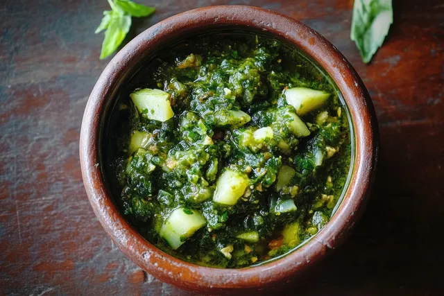 Indonesian Sambal Ijo in clay bowl with diced onion and garlic, fresh green chili texture